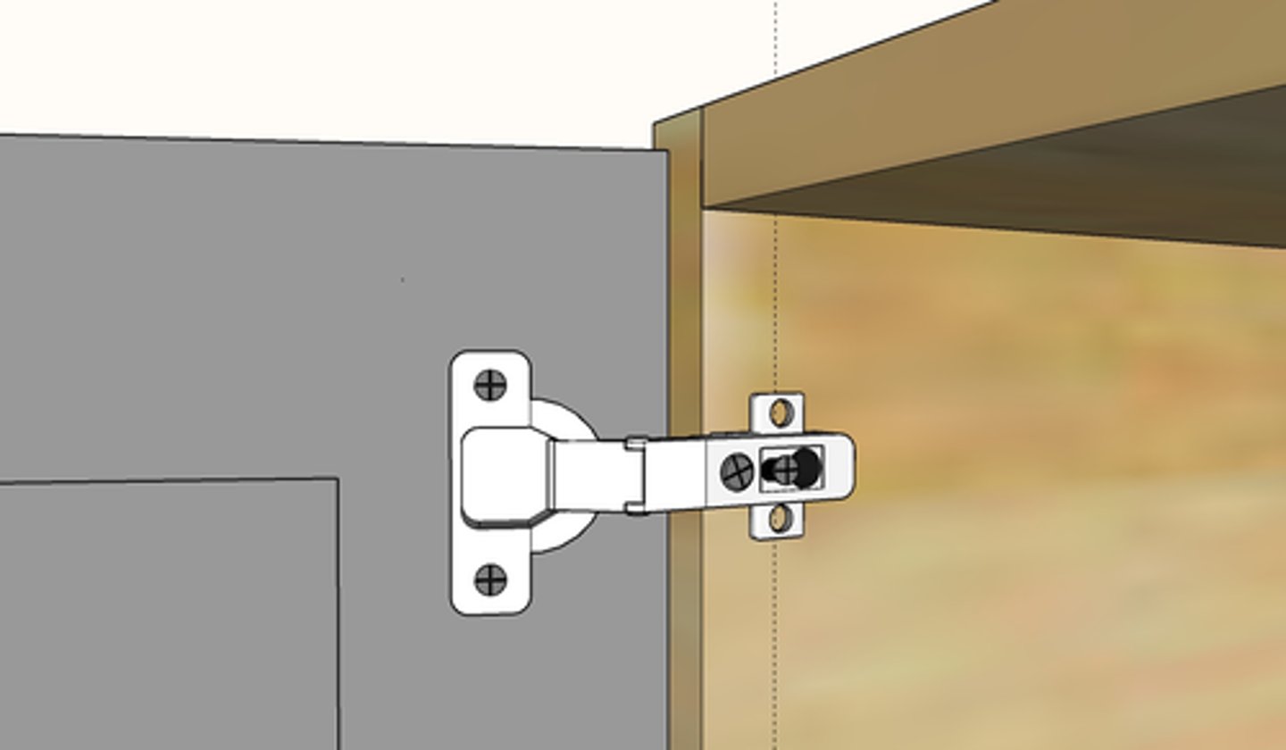 <p>CABINET HINGE</p><p>mechanical bearing that connects two solid objects, typically allowing only a limited angle of rotation between them</p>