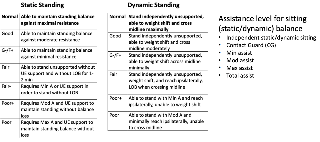 <p><strong><u>Assistance level for sitting (static/dynamic) balance</u></strong></p><ul><li><p><strong><u>Independent static/dynamic sitting</u></strong></p></li><li><p><strong><u>Contact Guard (CG)</u></strong></p><ul><li><p><strong><u>touching for reassurance and support</u></strong></p></li></ul></li><li><p><strong><u>Min assist</u></strong></p></li><li><p><strong><u>Mod assist</u></strong></p></li><li><p><strong><u>Max assist</u></strong></p></li><li><p><strong><u>Total assist</u></strong></p></li></ul><p></p>