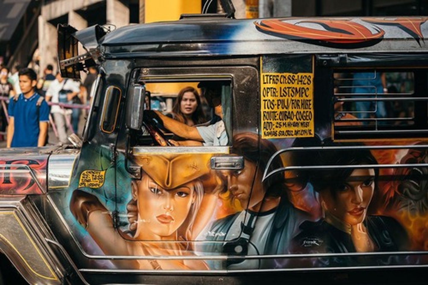 <p>An artwork created on the famous transportation of the country, featuring geometric shapes and colorful logos.</p>