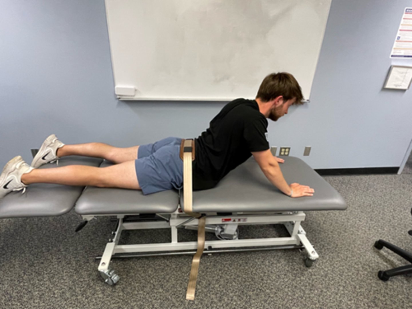 <p>extension bias</p><p>belt fixation used to prevent hips leaving plinth</p><p>also used to localize self-stretch to a specific region of spine</p>