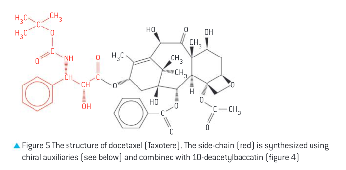 <ul><li><p>more active than Taxol, soluble in water so suitable for IV injection</p></li><li><p>derived from 10-deacetylbaccatin, from European yew leaves with 50x higher yield</p></li></ul>