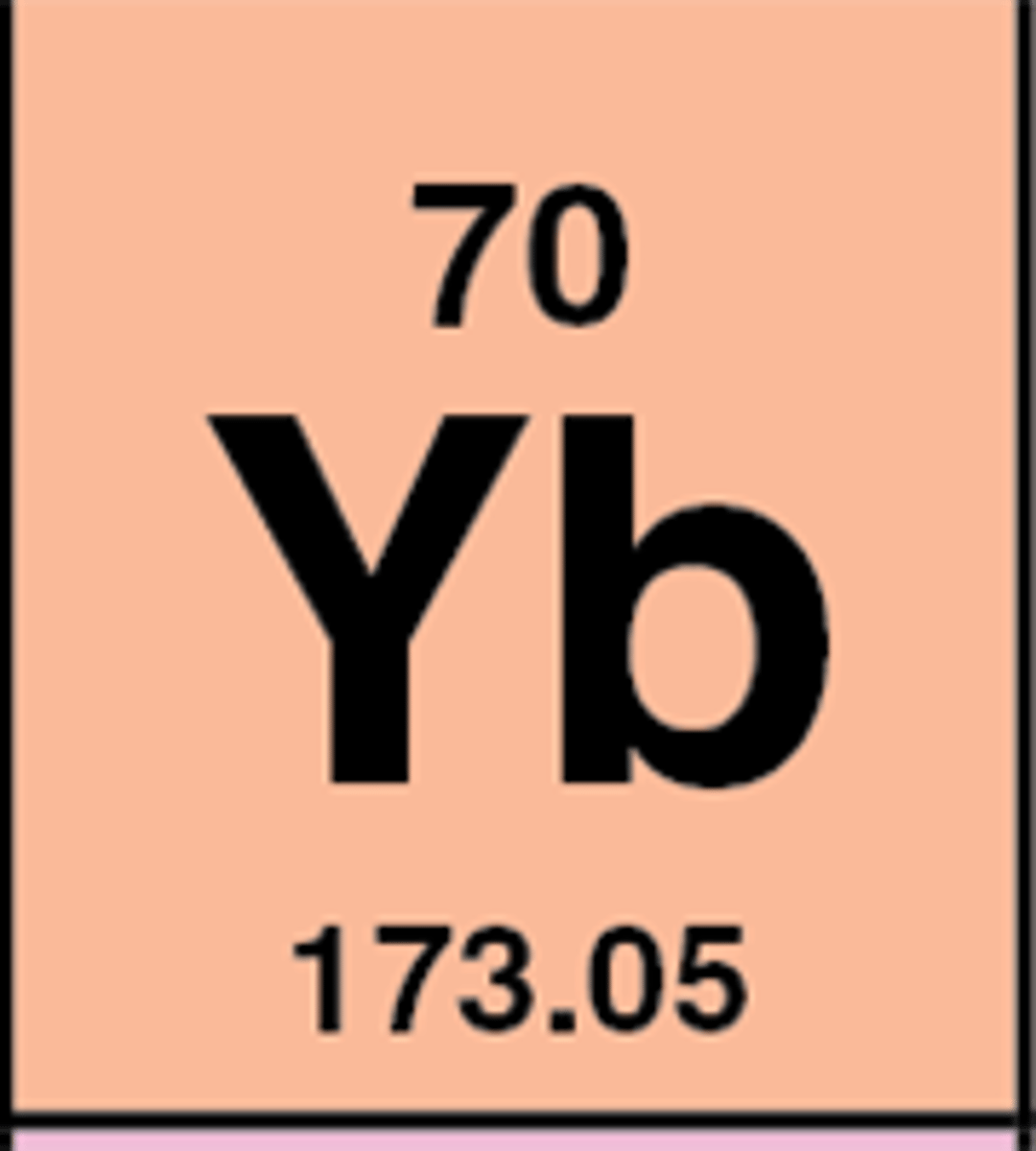 <p>Symbol: Yb<br>Atomic Mass: 173.0<br>Atomic Number: 70</p>