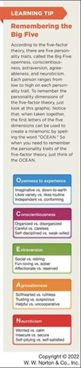 <p>The five-factor trait theory identifies five basic personality traits, with considerable evidence supporting its validity across cultures and among adults and children.</p>