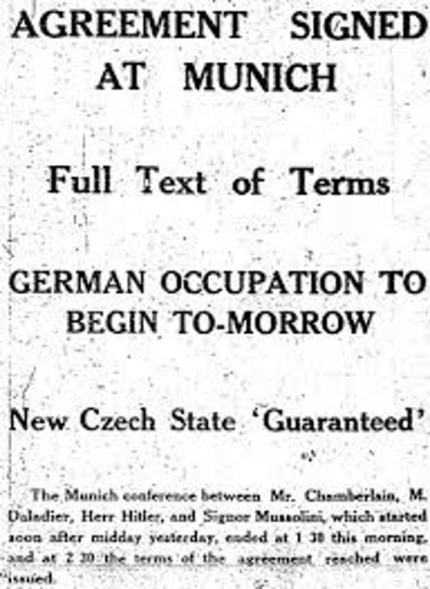 <p>A 1938 conference, at which European leaders attempted to appease Hitler by turning over the Sudetenland to him in exchange for promise that he would not expand Germany's territory any further. (p. 526)</p>