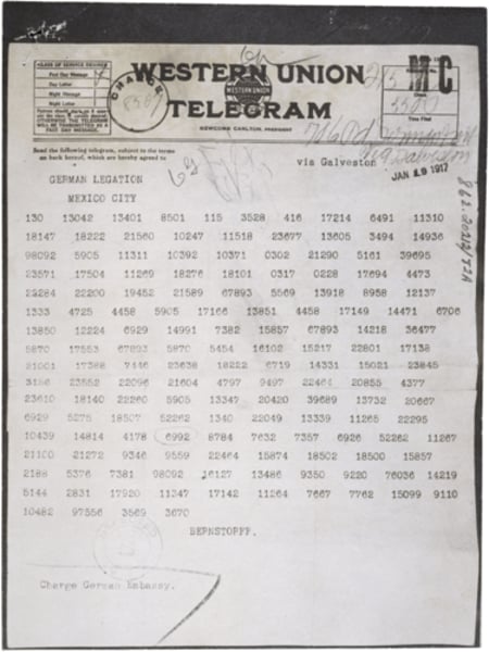 <p>Intercepted note from the German foreign minister to the Mexican government; confirmed the new policy of unrestricted submarine warfare by Germany against the Allied Powers. This helped turn Americans against Germany in WWI.</p>