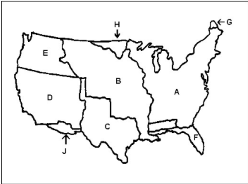 <p>Use the map to answer the following question. Prior to Manifest Destiny, the majority of the population of the United States lived in which region?<br><br>A.&nbsp;Region A</p><p>B.&nbsp;Region B</p><p>C.&nbsp;Region C</p><p>D.&nbsp;Region D</p>