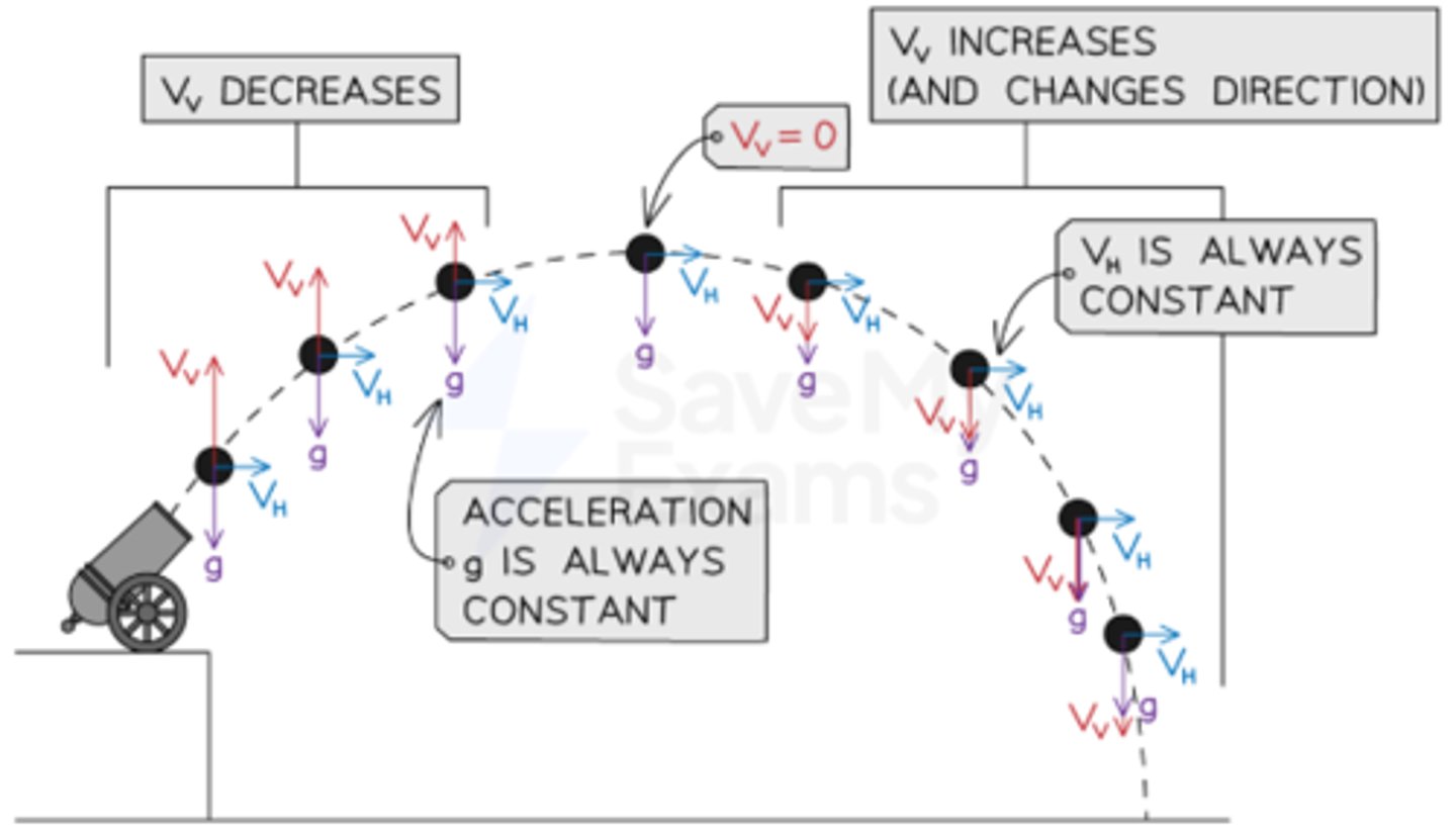 <p>Horizontal Component:</p><p>- Displacement is maximum range at end of motion</p><p>- Velocity is constant</p><p>- Acceleration is zero</p><p>Vertical Component:</p><p>- Displacement is maximum height at midpoint (half-time)</p><p>- Velocity is zero at maximum height</p><p>- Acceleration is g = 9.8m s-2 (positive downward, negative upward)</p>