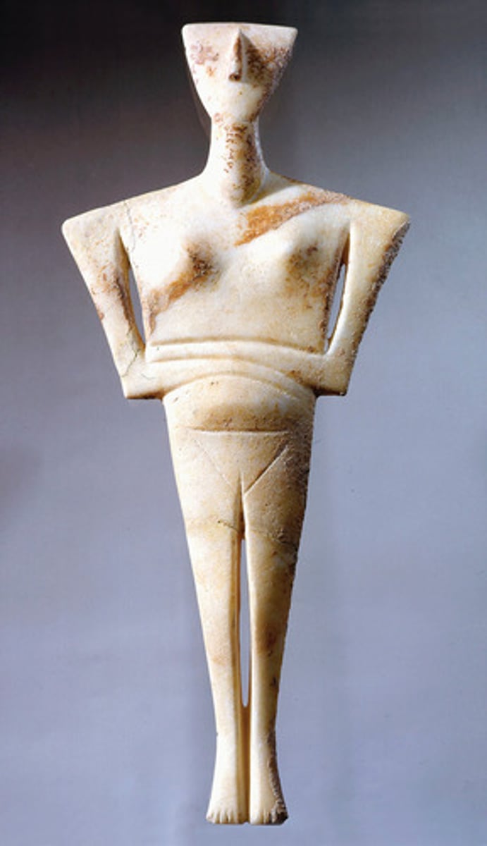 <p>The pre-Greek art of the Cycladic Islands, most statuettes made from marble, women, but some men doing service activities</p>