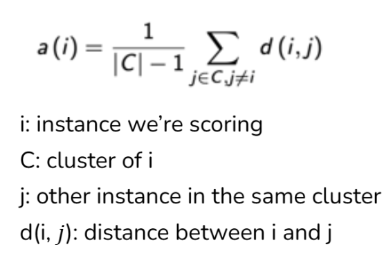 <ul><li><p><span style="background-color: transparent;">Get the average distance between the instance and other instances within the same cluster</span></p></li><li><p><span style="background-color: transparent;">The smaller, the better</span></p></li></ul><p></p>