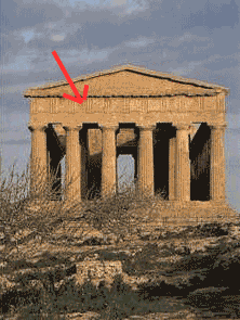 <p>Doric frieze; between triglyphs, plain or decorated</p>