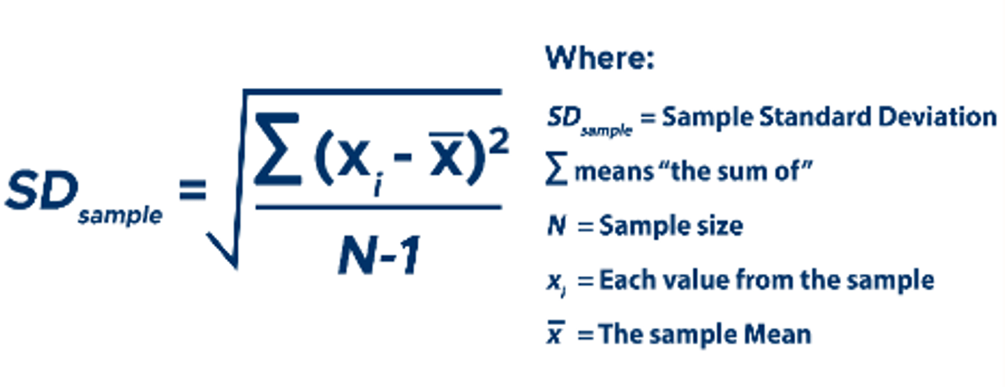 <p>Standard deviation (s) is a summary of how widely dispersed the values are around the mean, defined by the following formula</p>