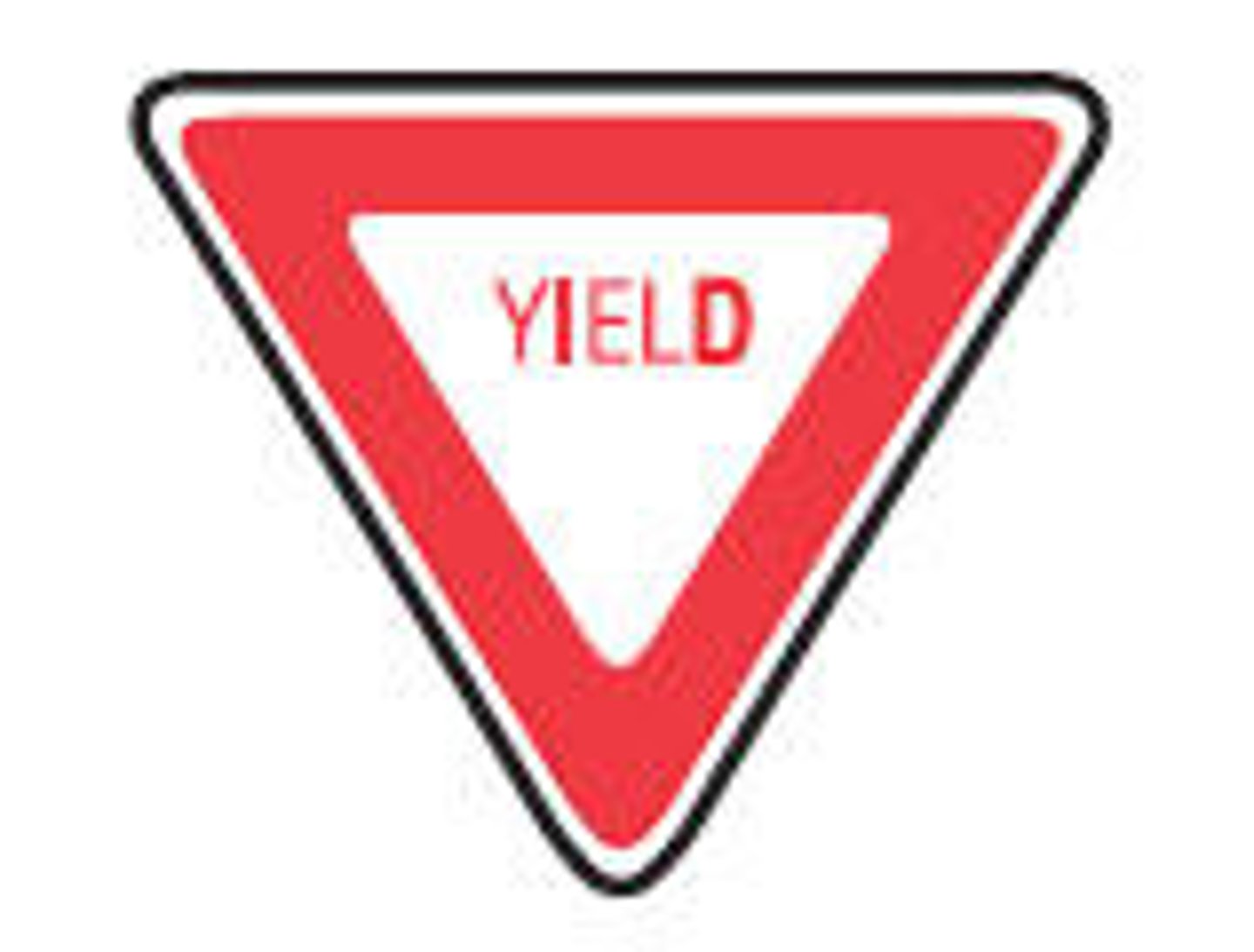 <p>An equilateral triangle, red and white, pointing downward that says "YIELD." You should slow down or stop if necessary so you can yield the right-of-way to vehicles.</p>