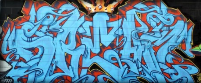 <p>highly stylized tag, sometimes large, multi-colored, and 3D. letterform is quite distorted. often not legible to those who are not insiders</p>