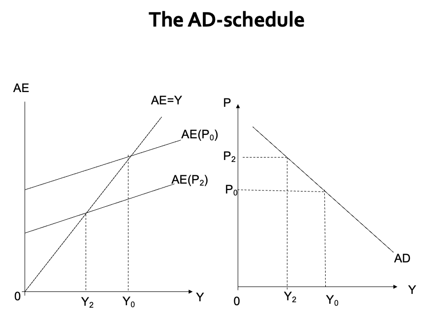 <p><span>The total effect of a rise (fall) in <em>P</em> on <em>AE:</em></span></p><ol><li><p>is to reduce (raise) consumption via the fall (rise) in NBPS outside wealth, and</p></li></ol><ol start="2"><li><p><span>to reduce (increase) <em>NX</em> as domestic competitiveness declines (improves).</span></p></li></ol><p></p><p><span>Both of these effects operate in the <em>same direction </em>and so a rise (fall) in <em>P</em> leads to a fall (rise) in <em>AE</em> and shift down (up) in the desired expenditure schedule, from AE<sub>0</sub> to AE<sub>2</sub> in the diagram attached.</span></p>