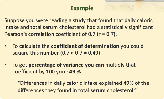 <p><strong>r2 = the coefficient of determination</strong></p><p></p><p><span style="font-family: "Wingdings 3";"><span>u</span></span><span><span>A measure of how much of the </span></span><span style="color: green;"><strong><span>variability in one variable can be explained by the relationship with the other variable.</span></strong></span></p><p></p><p><span><span>If you</span><strong><span> then multiply it by 100</span></strong><span>, it tells you something called </span><strong><span>the </span></strong></span><span style="color: purple;"><strong><span>percentage of variance</span></strong></span></p><p><span style="font-family: "Wingdings 3";"><span>u</span></span><span><span>% of variance of one variable that is explained by the other variable.</span></span></p>