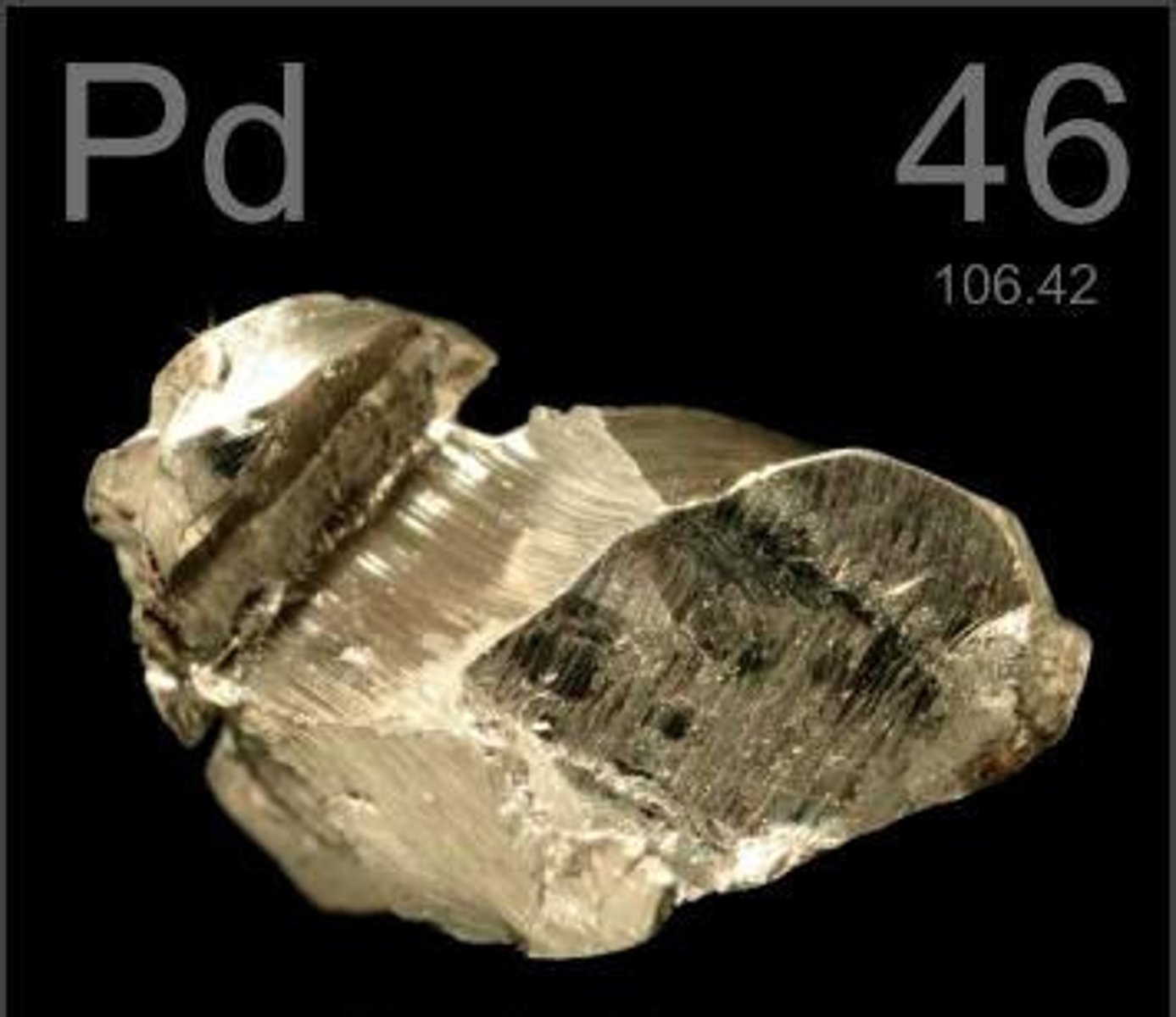 <p>Symbol: Pd<br>Atomic Mass: 106.4<br>Atomic Number: 46</p>