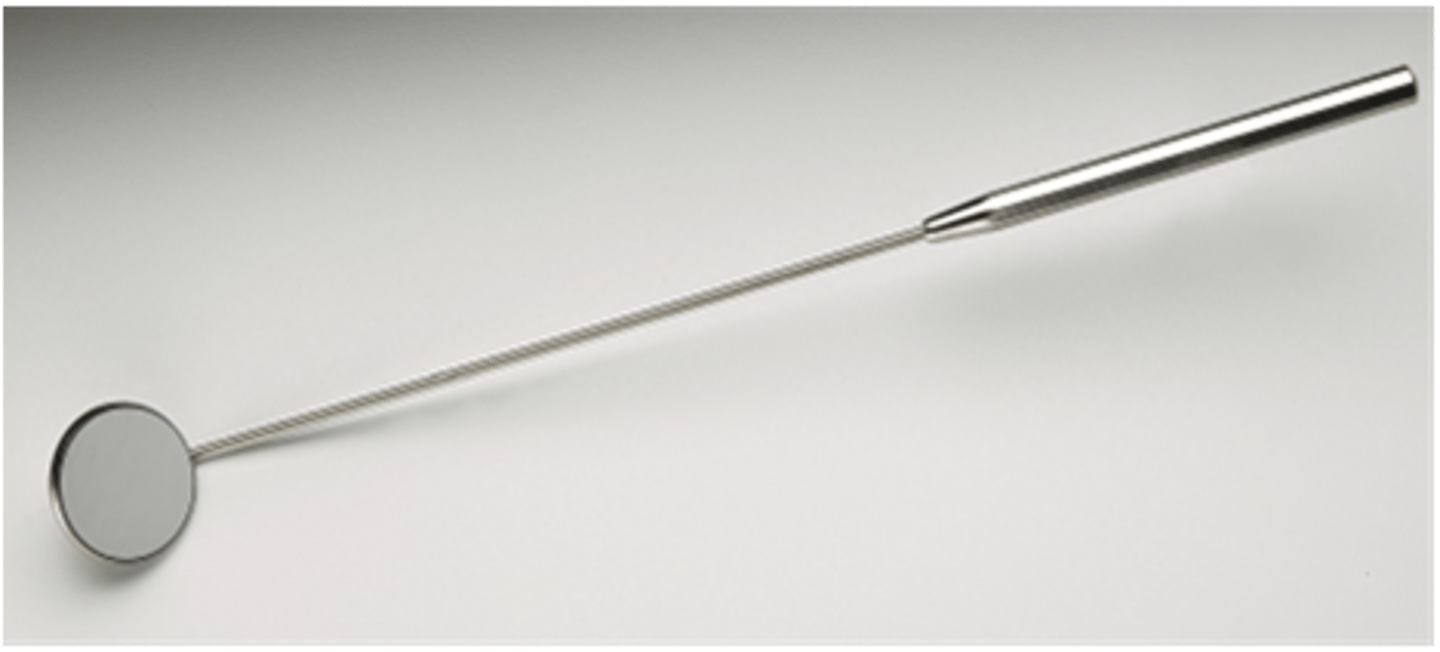 <p>instrument w/ mirror on one end; used to examine larynx (voice box) in the throat</p>