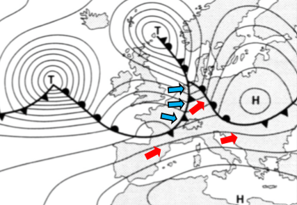 <p>Benenne das Druckgebilde und wie ist das Wetter in der Schweiz?</p>