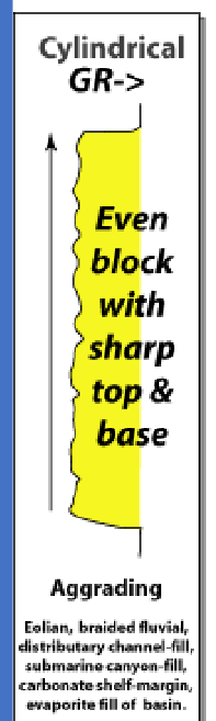 <ul><li><p>Even block with sharp top and base</p><ul><li><p>Eolian</p></li><li><p>Braided Fluvial</p></li><li><p>distributary channel-fill</p></li><li><p>submarine-canyon-fill</p></li><li><p>carbonate-shelf-margin</p><ul><li><p>evaporite fill or basin</p></li></ul></li></ul></li></ul><p></p>