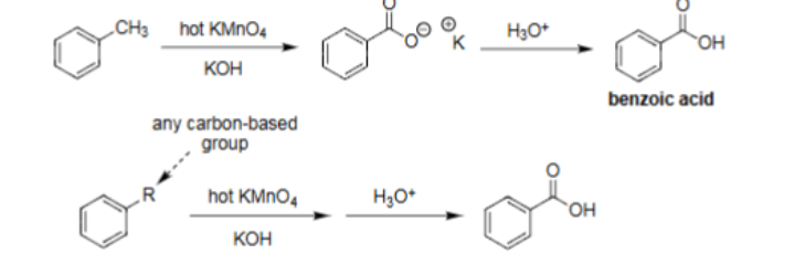 <ul><li><p>Hot KMnO<sub>4</sub> with KOH for first reaction, then H<sub>3</sub>O<sup>+</sup> for second reaction.</p></li><li><p>Leads to benzoic acid formation.&nbsp;</p></li></ul><p></p>