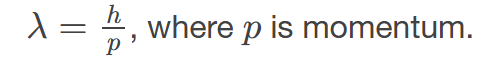 <p><span><span>the wavelength possessed by a particle of matter, calculated by </span></span>𝜆=ℎ⁡/𝑝</p>