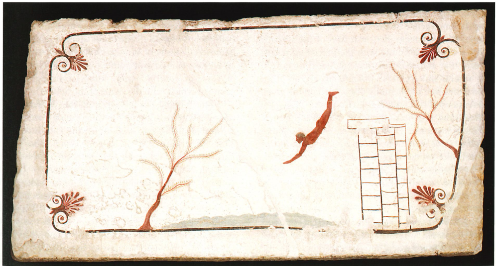 <p><span>youth diving, corner slab of the Tomb of the Youth of the Diver</span></p>
