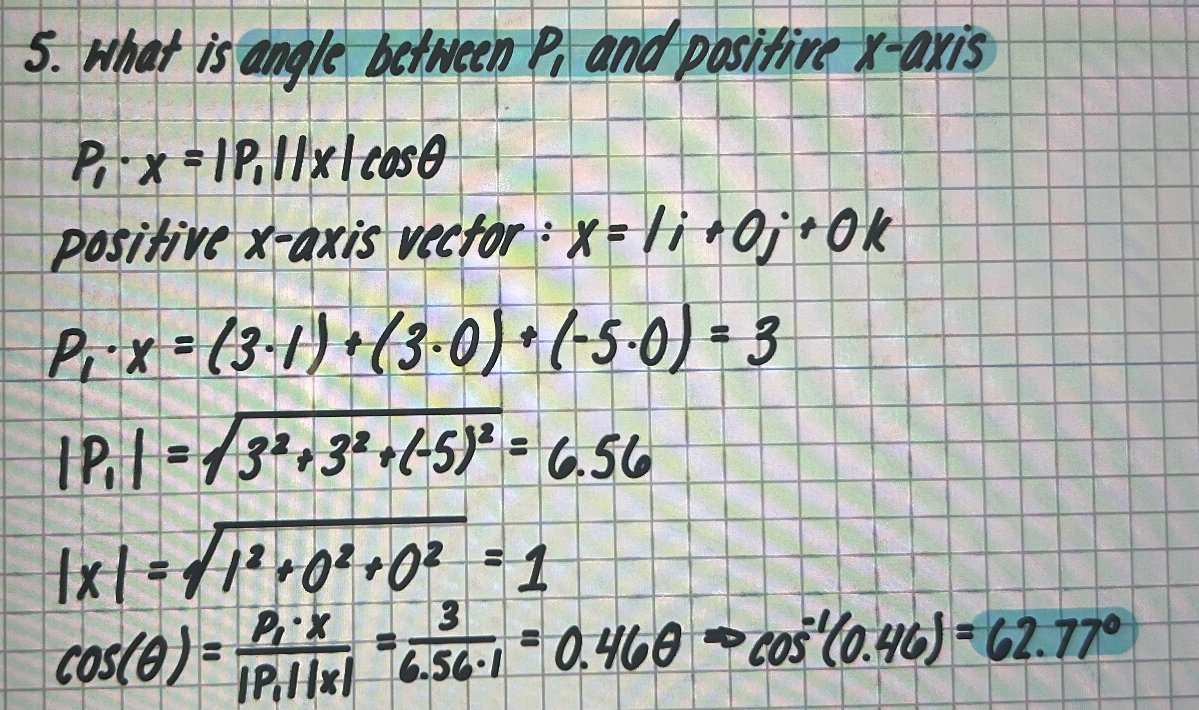 <p>P1 = (3i + 3j - 5k)     P2 = (-2i + 3j + 10k)</p>