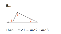 <p>The measure of each exterior angle of a triangle equals the sum of each of the measures of its two remote interior angles</p>