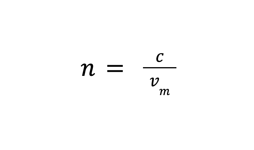 <p><span>n = refractive index (no units)</span></p><p><span>c = speed of light in air or vacuum</span></p><p><span>&nbsp;&nbsp;&nbsp;= 3.0 × 10<sup>8</sup> m/s</span></p><p><span>v<sub>m</sub> = speed of light in the medium</span></p>