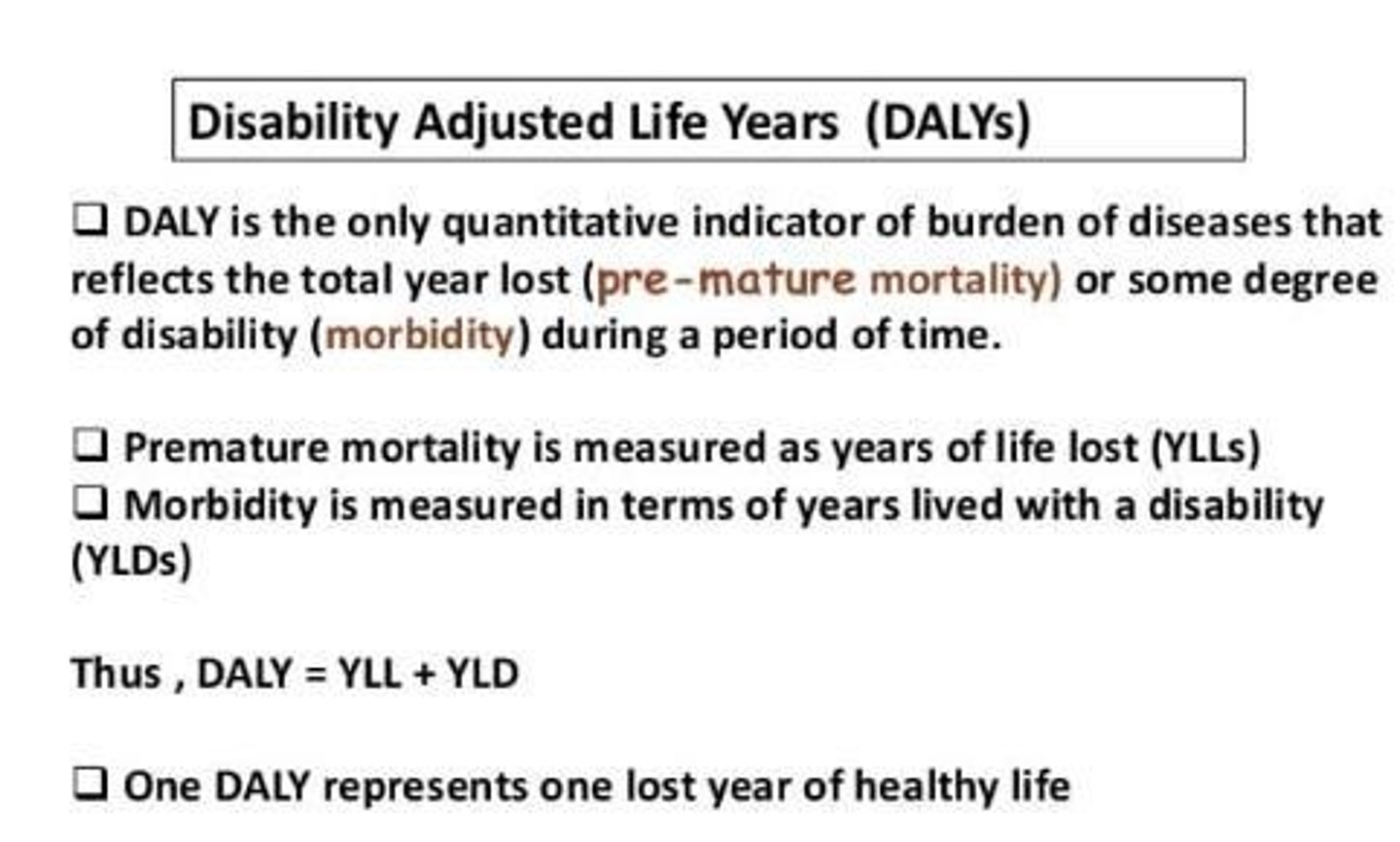 <p>One DALY is equivalent to the loss of one healthy life year, accounting for the number of deaths and the age at which they occur.</p>