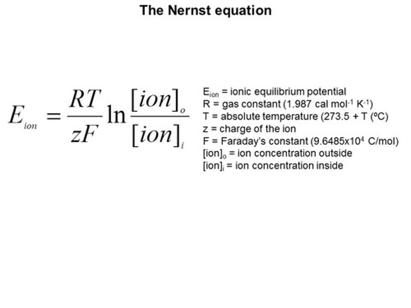 <p>A formula that calculates an ion's equilibrium potential based on its concentration inside vs. outside the cell.</p>