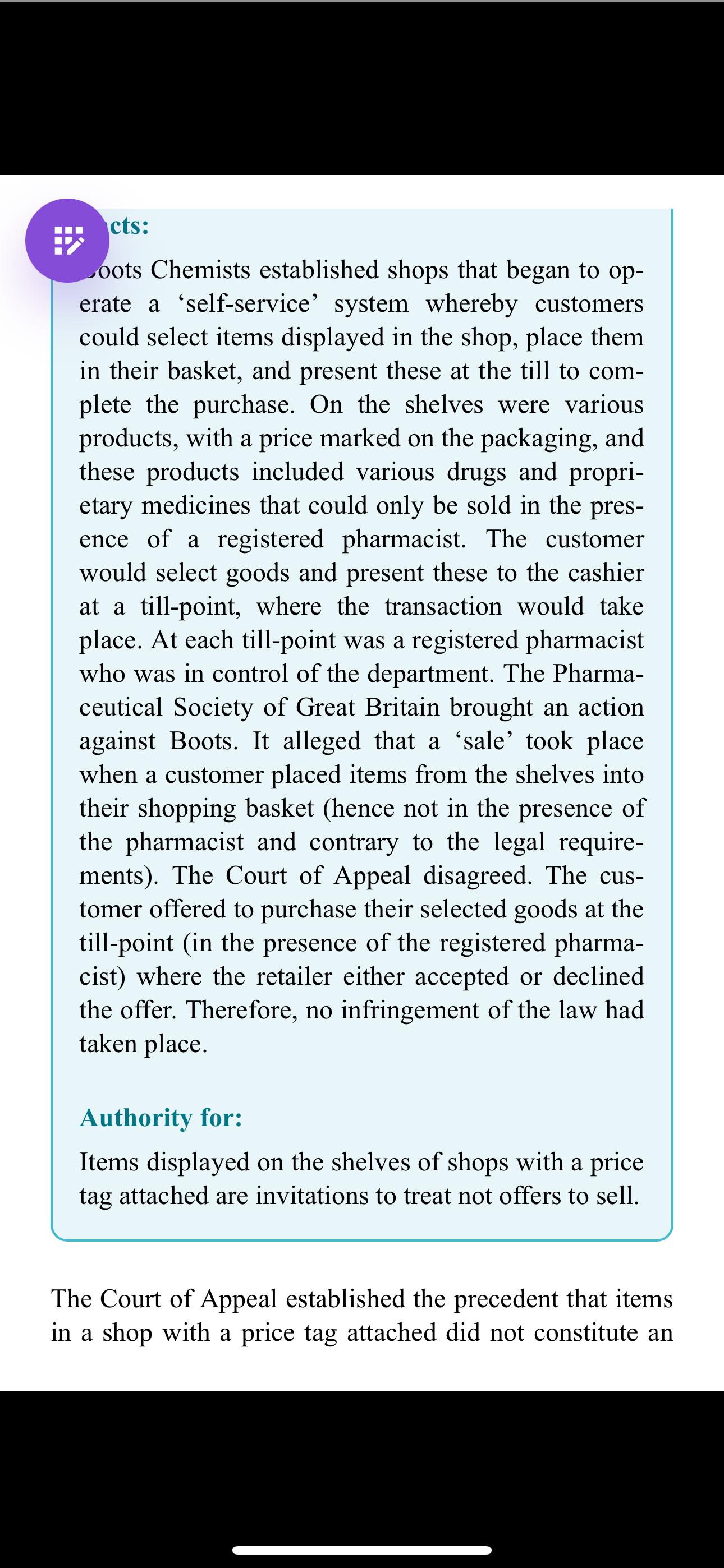 <p>Pharmaceutical Society of Great Britain v Boots Cash Chemists (1953</p>
