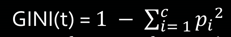 <p>-node <em>t</em> with <em>c</em> splits</p><p>-like entropy (lower=better)</p><p>-split on feature w lowest GINI after split</p><p>-compute weighted GINI avg of childnre </p><p>-0 is best, 0.5 is worst</p>