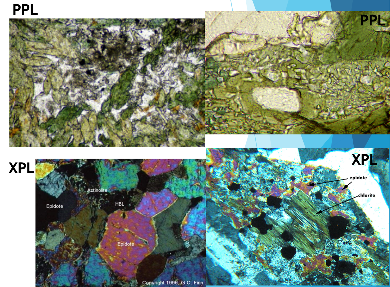 <p><mark data-color="#c2f3be" style="background-color: #c2f3be; color: inherit">Ca2Al2 (Al, Fe)[Si2 O7][SiO4]O(OH)</mark></p><p><strong><mark data-color="#f5f5f5" style="background-color: #f5f5f5; color: inherit">Disilicate (Sorosilicate)</mark></strong></p><p><strong>Hand Sample&nbsp;</strong></p><ul><li><p>Pistachio-green color typically but also yellowish or black</p></li><li><p>H ~6 to 7&nbsp;</p></li><li><p>Massive to grainy aggregate&nbsp; typical&nbsp;</p></li><li><p>1 plane perfect cleavage {001}</p><ul><li><p>Fine grain nature may make this difficult to observe</p></li><li><p>Minor uneven fracture &amp; and brittle tenacity</p></li></ul></li></ul><p><strong>PPL&nbsp;</strong></p><ul><li><p>Strong pale green/yellow pleochroism, grainy crystal habit, 1-D @ 90 cleavage sometimes visible, &amp; low relief</p></li></ul><p><strong>XPL&nbsp;</strong></p><ul><li><p>2<sup>nd</sup> to 3<sup>rd</sup> to order birefringence &amp; variable extinction</p></li></ul><p></p>