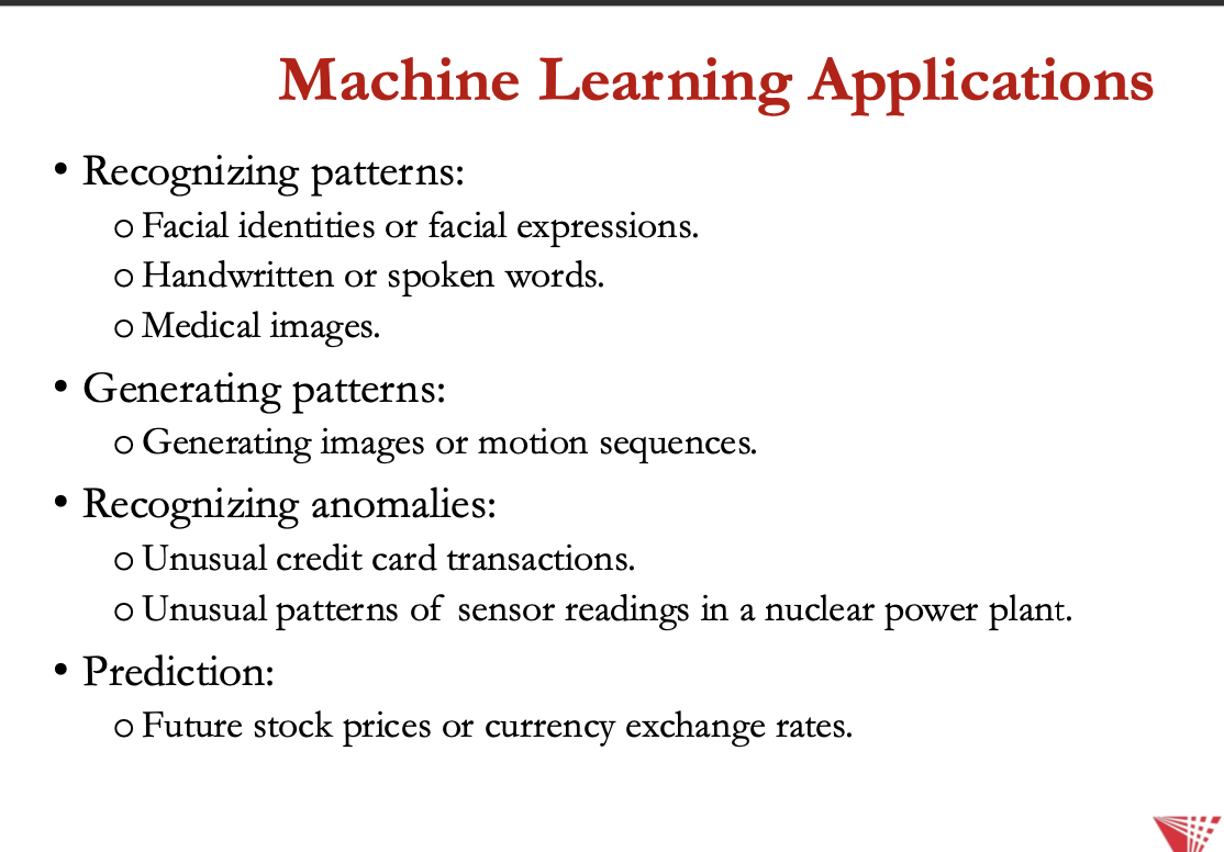 <p>-human expertise doesn’t exist (navigating Mars)</p><p>-humans x explain their expertise (speech recognition )</p><p>-models must be customised (personalised medicine)</p><p>-models = based on huge amts of data (genomics)</p><p></p><p>applications:</p><p>recognising patterns</p><p>generating patterns</p><p>recognising anomalies</p><p>prediction</p>