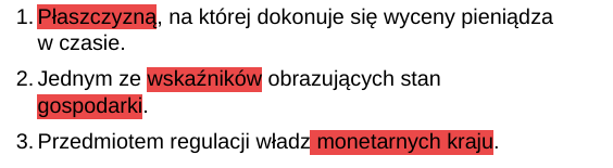 <ol><li><p><strong>Wycena pieniądza:</strong> Rynek pieniężny umożliwia krótkoterminową wycenę pieniądza, kształtowaną przez stopy procentowe NBP i WIBOR.</p></li><li><p><strong>Stan gospodarki:</strong> dzialania rpp rez,stopy itd </p><p>Reakcje rynku na decyzje RPP odzwierciedlają kondycję ekonomiczną i wpływają na kredyty, inwestycje oraz konsumpcję.</p></li><li><p><strong>Regulacje monetarne:</strong> NBP i RPP kontrolują rynek przez stopy procentowe i rezerwy, dbając o inflację i stabilność finansową</p><p>“BARDZO KRÓTKOTERMINOWE”```</p></li></ol><p></p>
