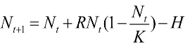 <p>For now, let’s say 0 individuals are being harvested (H=0). What is recruitment (ΔN) if K=100, R=1.0 and Nt=70, rounded to the nearest integer?</p>