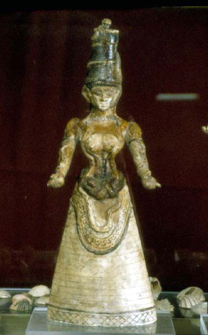 <p>Larger of the two faience “snake goddesses”</p>