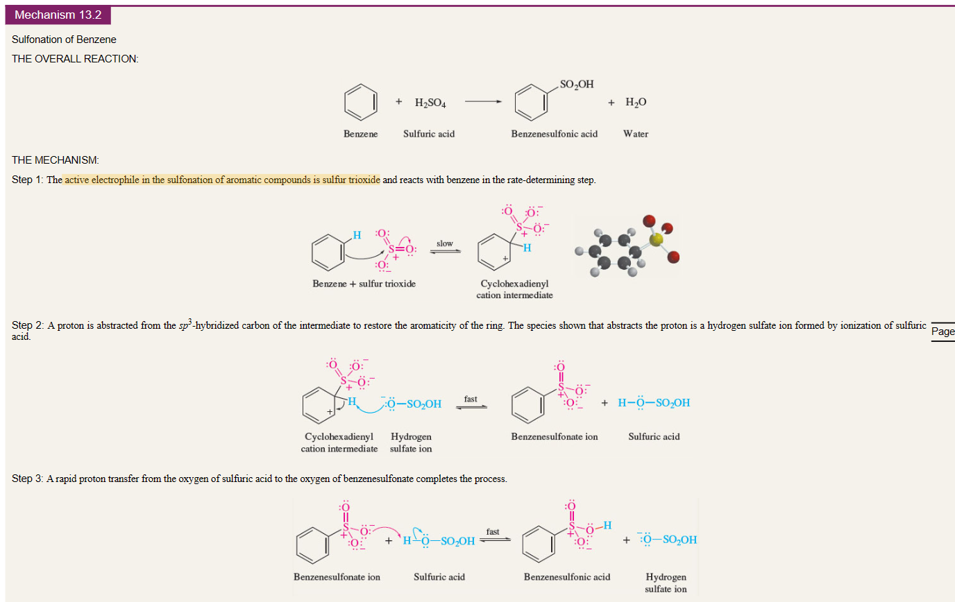 <p>benzene + H2SO4 →</p><p>electrophile is SO3</p>