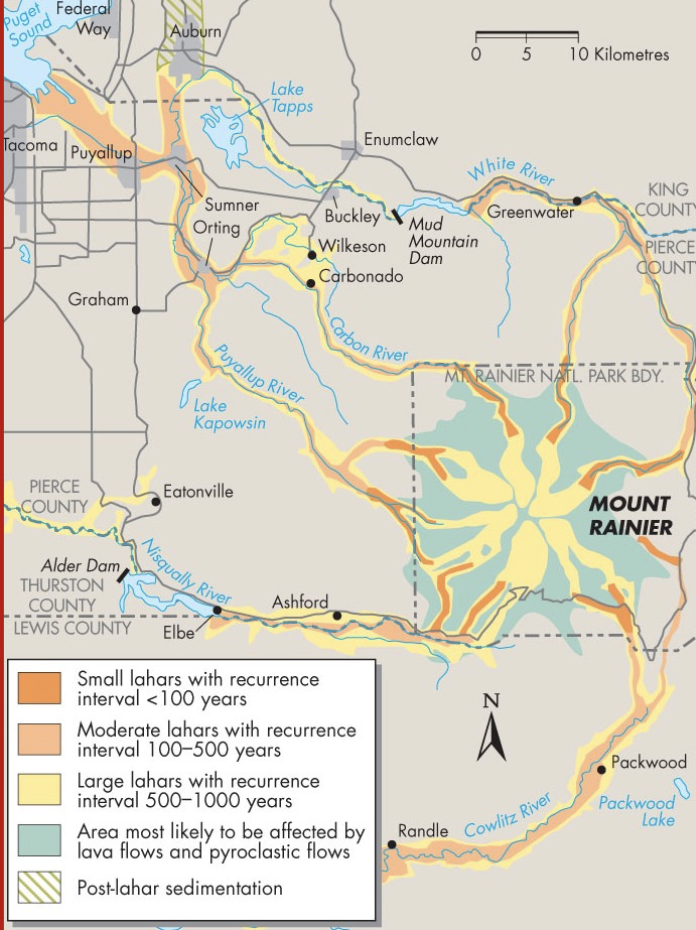 __**Definition:**__

A large amount of material that has become saturated with water and moves downslope.  It is an Indonesian word.

* Lahars are also referred to as mudflow 

\
Knowledge of local topography and history of past events can aid in determining the recurrence intervals of lahars.