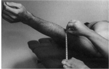 <p>Position: Supine, shoulder abducted to 135° and externally rotated (thumb out)</p><p>Measure the distance between the lateral epicondyle of the humerus and the support surface. </p>