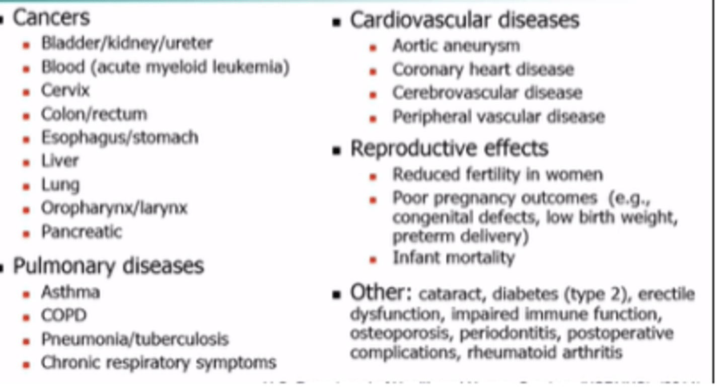 <p>Cardiovascular/metabolic disease, lung cancer, pulmonary disease, second hand smoke, cancers other than lung, other</p>