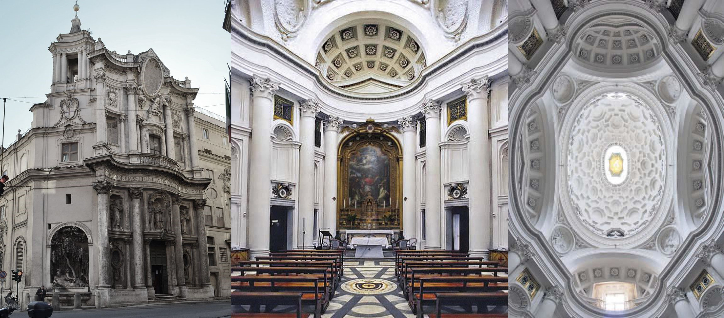 <p>clean, minimal colors, pretty small - for a community of monks </p><p>dome — oval, very baroque, curved lines - has crosses, octagons, squares making it look bigger and all white </p>
