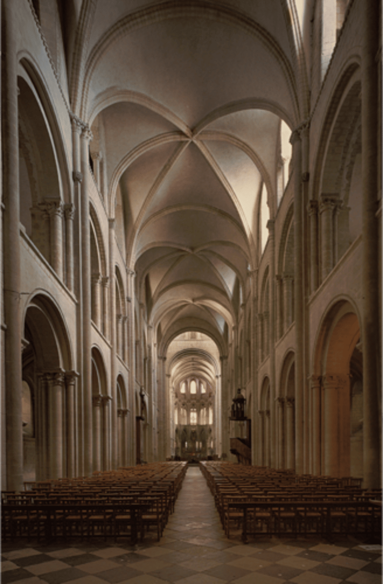 <p>-rib vaults</p><p>-more light (rib vaults allowed this, made higher ceiling)</p><p>-alternate support system (A, B)</p><p>-Romanesque Architecture</p>