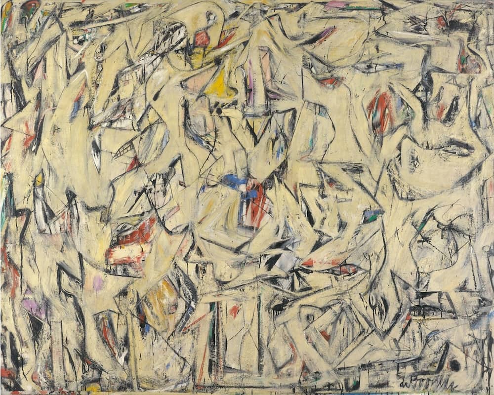 <ul><li><p>smear quality</p></li><li><p>had a process where he would put paint on then smear it off; the history of the piece </p></li><li><p>faces</p></li><li><p>was not traditional </p></li><li><p>Willem de Kooning- Excavation, 1950 Oil on canvas</p></li></ul><p></p>