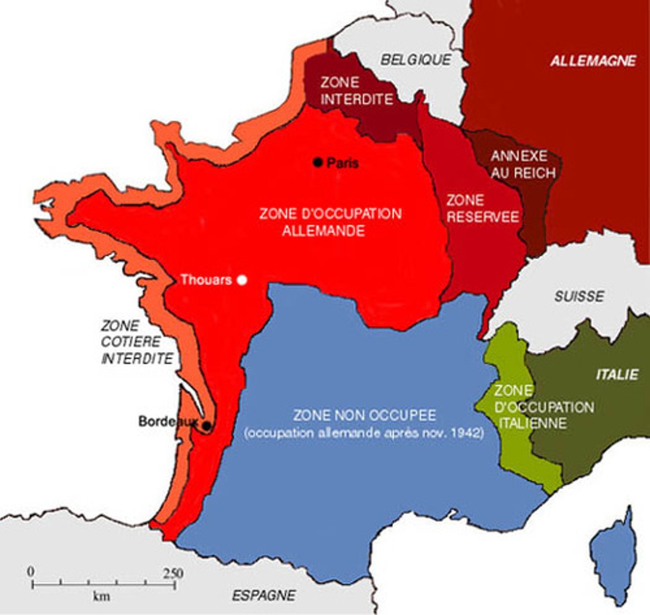 <p>in unoccupied zone (unoccupied France until 1942)</p>