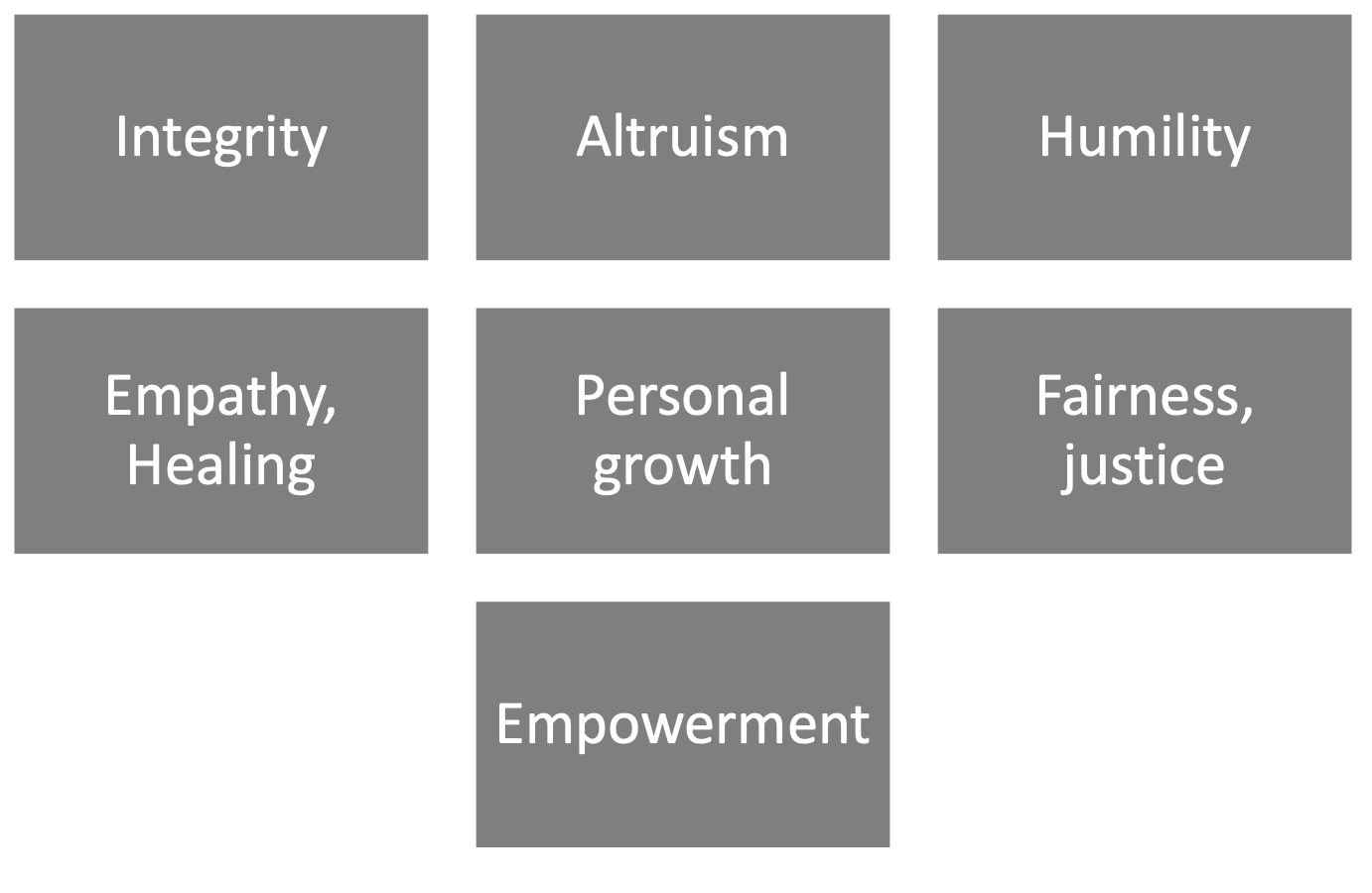 <ul><li><p><strong>Care for followers </strong>as the core of leadership</p></li><li><p>Key values: </p></li></ul><p></p>