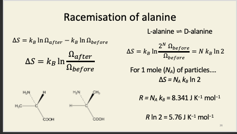 <ul><li><p><span><span>In a system composed of pure L-isomer, before the racemase enzyme is added, there are a ludicrously large number of compatible microstates, so how on earth do we go about calculating </span><em><span>Ω</span><sub><span> before</span></sub></em><span>? We don't. What we do note is that – however many compatible microstates there are before we add the enzyme, there will be </span><em><span>2</span><sup><span>N</span></sup></em><span> times as many possible compatible microstates in the presence of the enzyme, where </span><em><span>N</span></em><span> is the number of particles in the system. Why? Each and every particle in the system can now be in one of two states (D or L), so, for every particle present, we double the number of possible microstates of the system.</span></span></p><p style="text-align: left;"></p><p><span><span>This is actually the two-bulb experiment in disguise. Imagine you had two bulbs, each filled with either D or L alanine, and separated by a biological membrane. If there were D- and L-specific pores in that membrane, then each amino acid would flow down its own concentration gradient into the other bulb. If those pores were ATP synthase enzymes, this could be coupled to the phosphorylation of ADP to ATP. There is energy associated with “all D” and “all L” compared to “equimolar mixture of D and L”: the directional flow can be coupled to the doing of useful chemical work in just the same way that proton flow can be coupled to ATP production in mitochondria and plastids. However, if the pores were just holes, each amino acid would simply flow down its gradient, until eventually both were at the same concentration in both bulbs. Once we reach an equimolar mixture of D and L isomers, no useful work can be done, because the energy of the two gradients has now been dissipated. Note that adding racemase to both bulbs at the same time would have the same eventual effect as removing the barrier between the two bulbs: you’d end up with racemic mixtures in both compartments. Entropy is a </span><em><span>state function</span></em><span>: its final value doesn’t actually depend on how you get there. The entropy change in allowing two (idealised) gases to mix (like the oxygen and iodine vapour we saw earlier) is the same as the entropy change of racemisation: in both cases, every molecule has twice as many available states at equilibrium as it does before (D vs. L for the amino acids; left bulb or right bulb for the gases), so the entropy increases by </span><em><span>R</span></em><span> ln(2) in both cases</span></span></p></li></ul><p></p>
