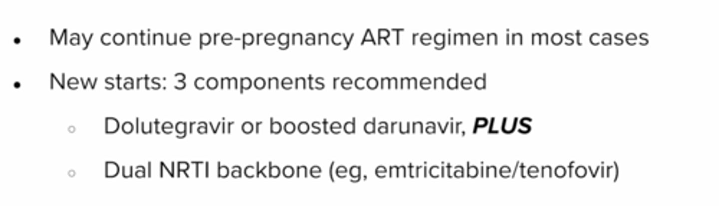 <p>continue art regimen</p><p>new: 3 components rec'd</p><p>dolutegravir (insti) or boosted darunavir (PI) PLUS</p><p>dual nrti backbone (eg. emcit/tenofovir)</p>