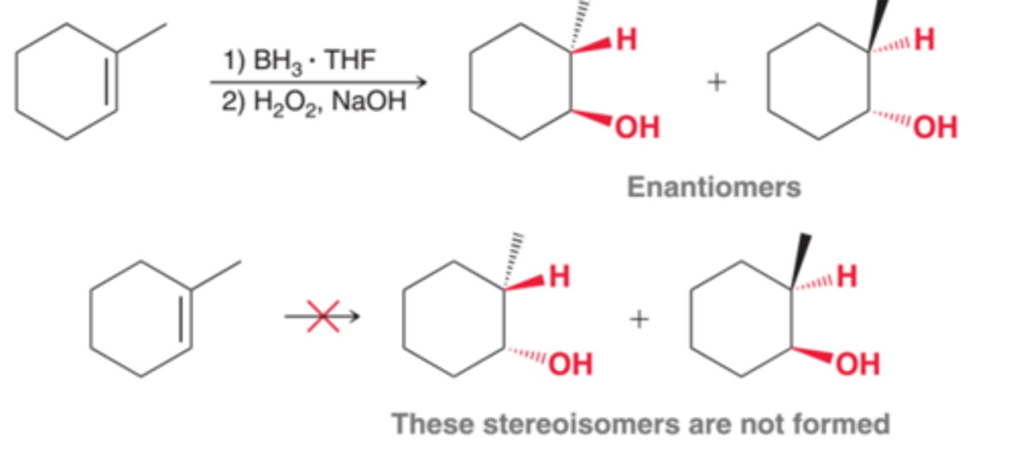 <p>When two new chirality centers are formed, the addition of water(H and OH) is observed to occur in a way that places the H and OH on the same face of the pi bond(1st example in image). This mode of addition is called <b>syn addition</b>. This reaction is said to be stereospecific because only two of the four possible stereosisomers are formed. That is, it does not produce the two stereoisomers that would result from adding H and OH to the opposite side of the pi bond(2nd example in image)</p>